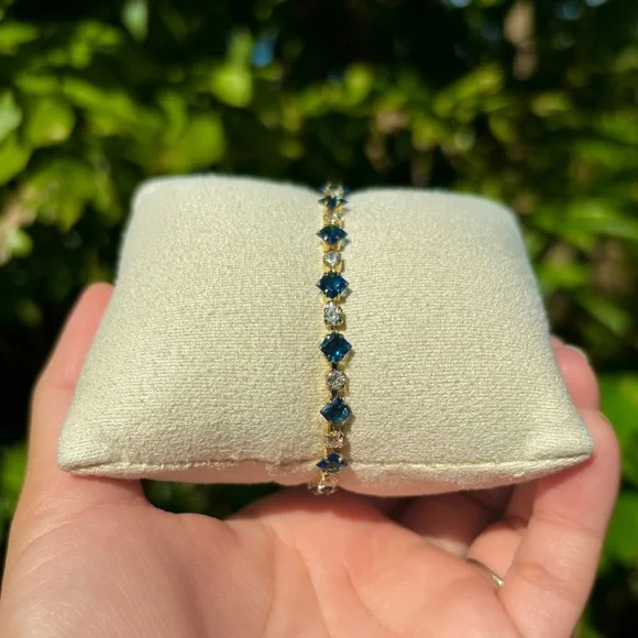 18K Gold Plated Stainless Steel Sapphire Blue & White Diamond Tennis Bracelet - Picture 3 of 5